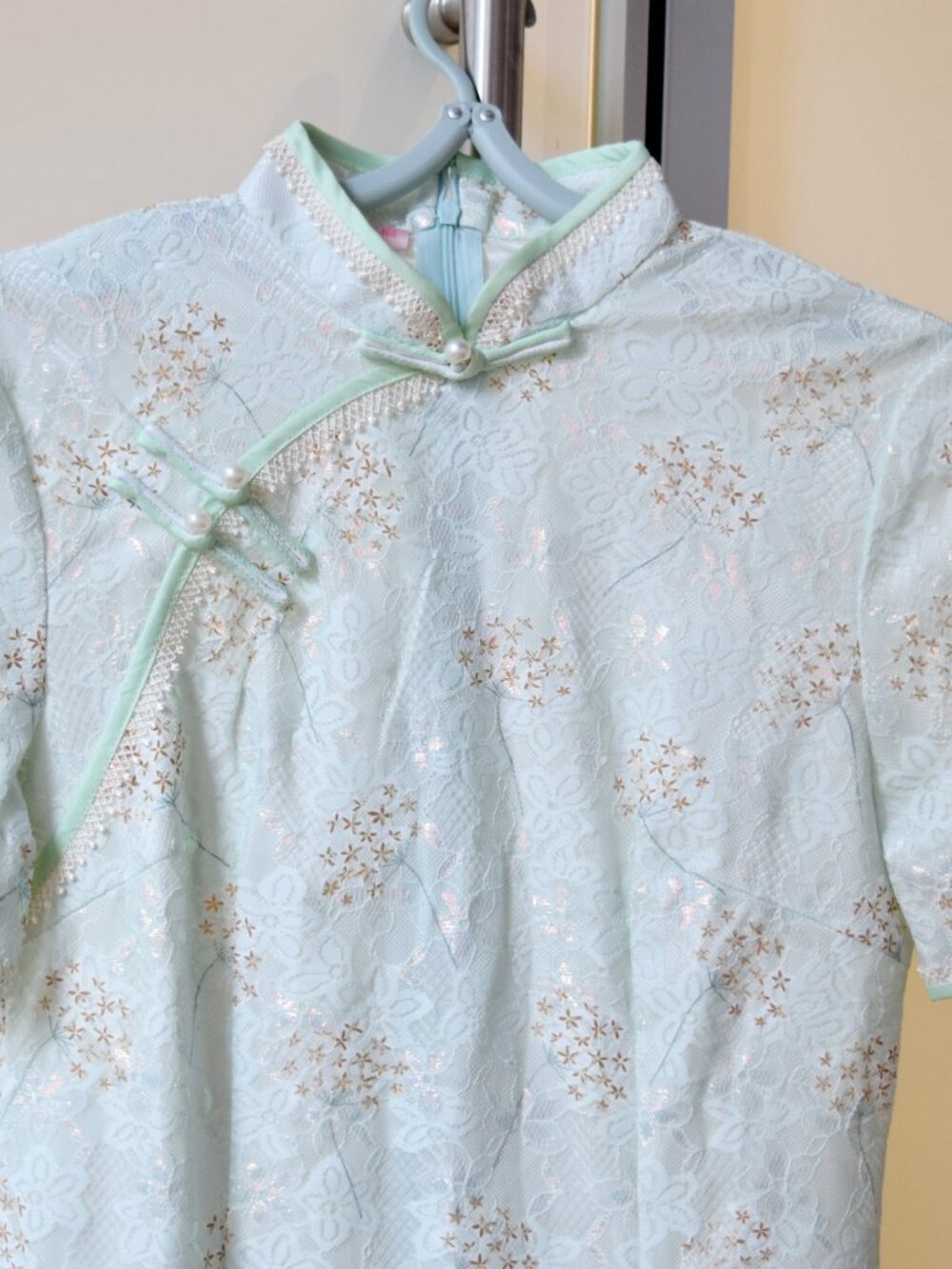 Green Lace Golden Dandelion Qipao Midi Dress - Chinese Cheongsam